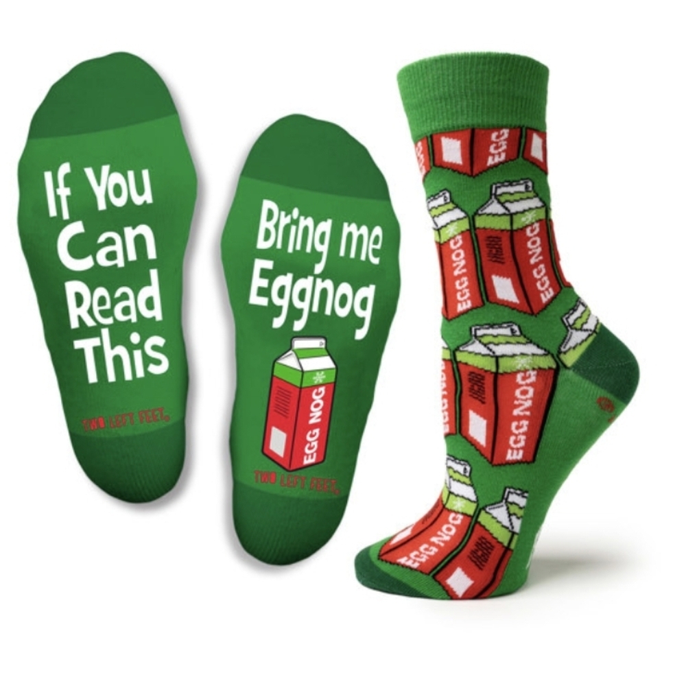 Two Left Feet Socks If You Can Read This Bring Me Eggnog Big- M 8.5-13 W 10-12.5